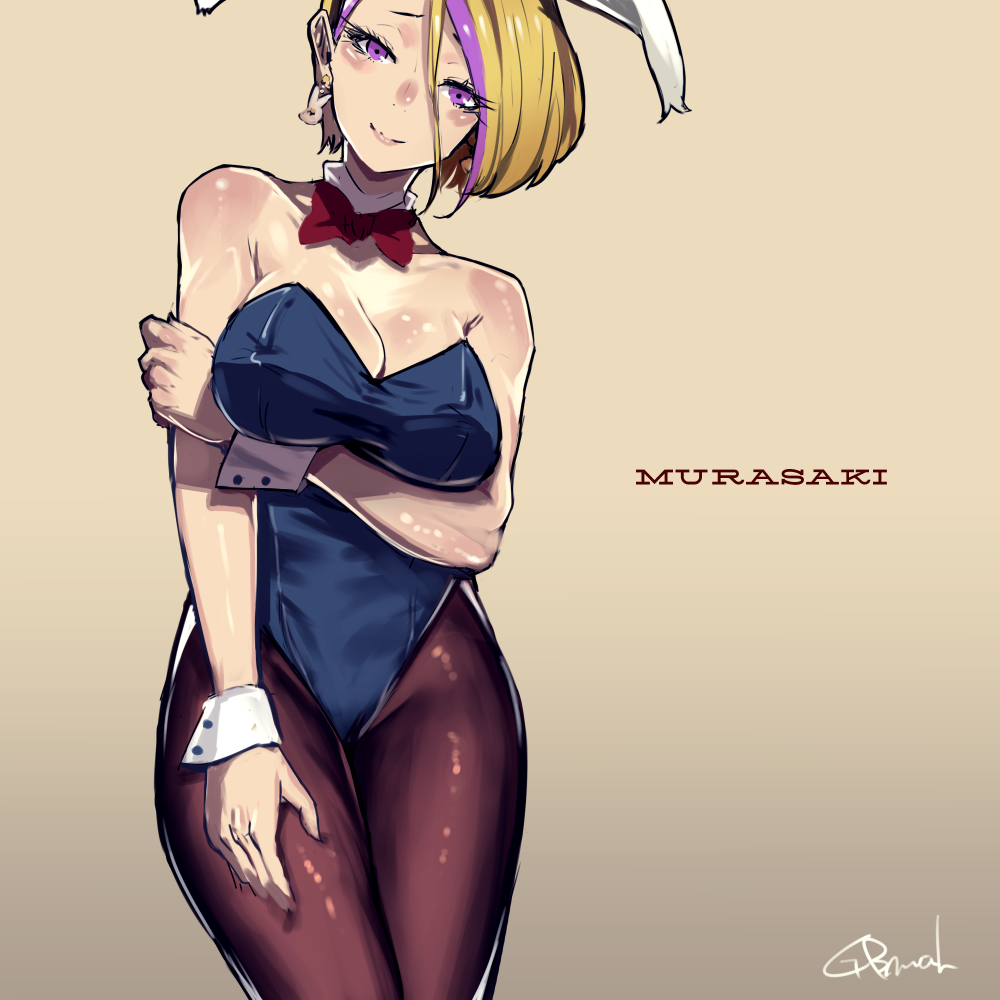 1girl, animal_ears, black_legwear, blonde_hair, bow, bowtie, breasts, bunnysuit