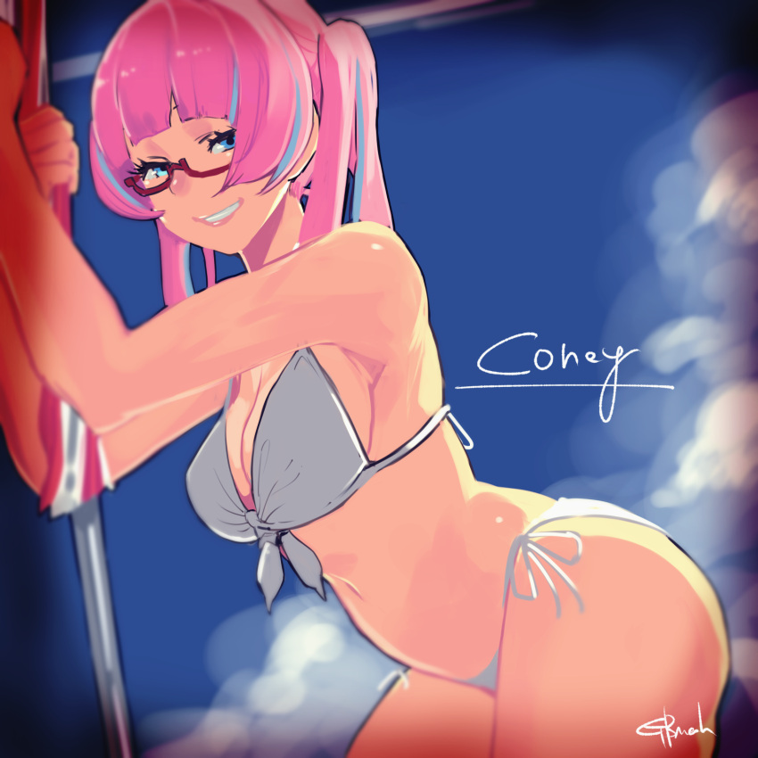 1girl, bikini, blue_eyes, blue_hair, blue_sky, breasts, character_name, cleavage
