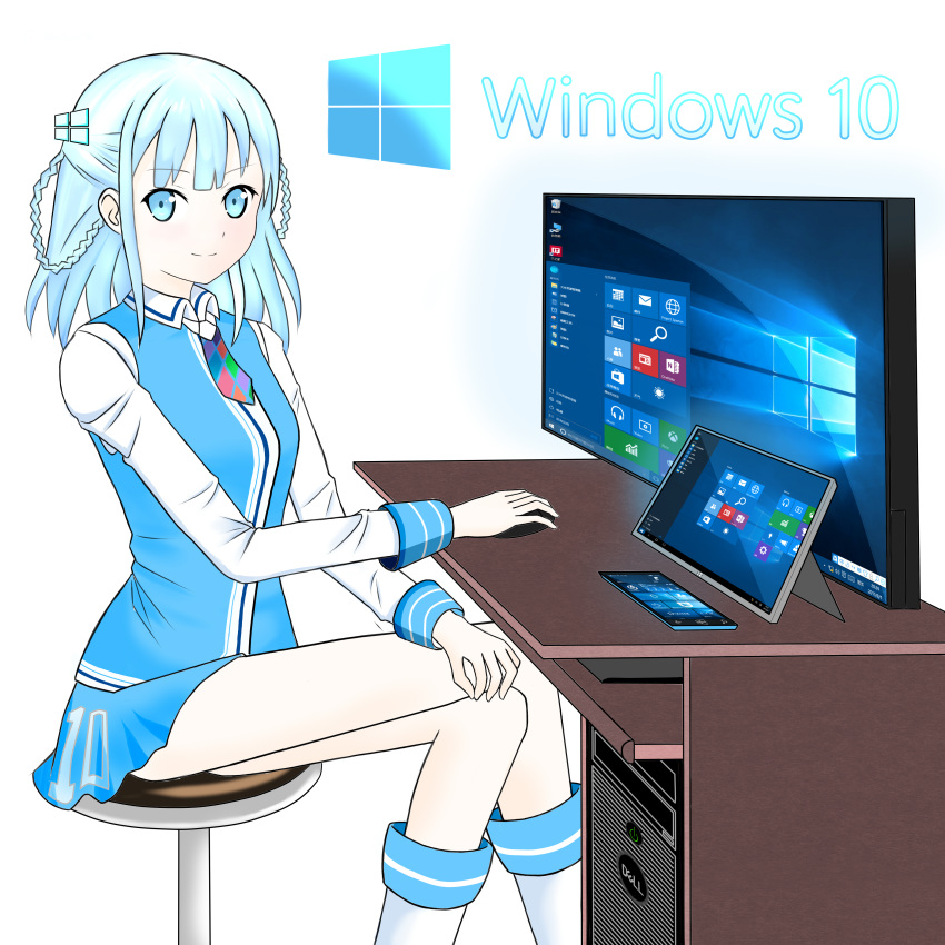 1girl, absurdres, blue_eyes, blue_hair, braid, computer, copyright_name, dell