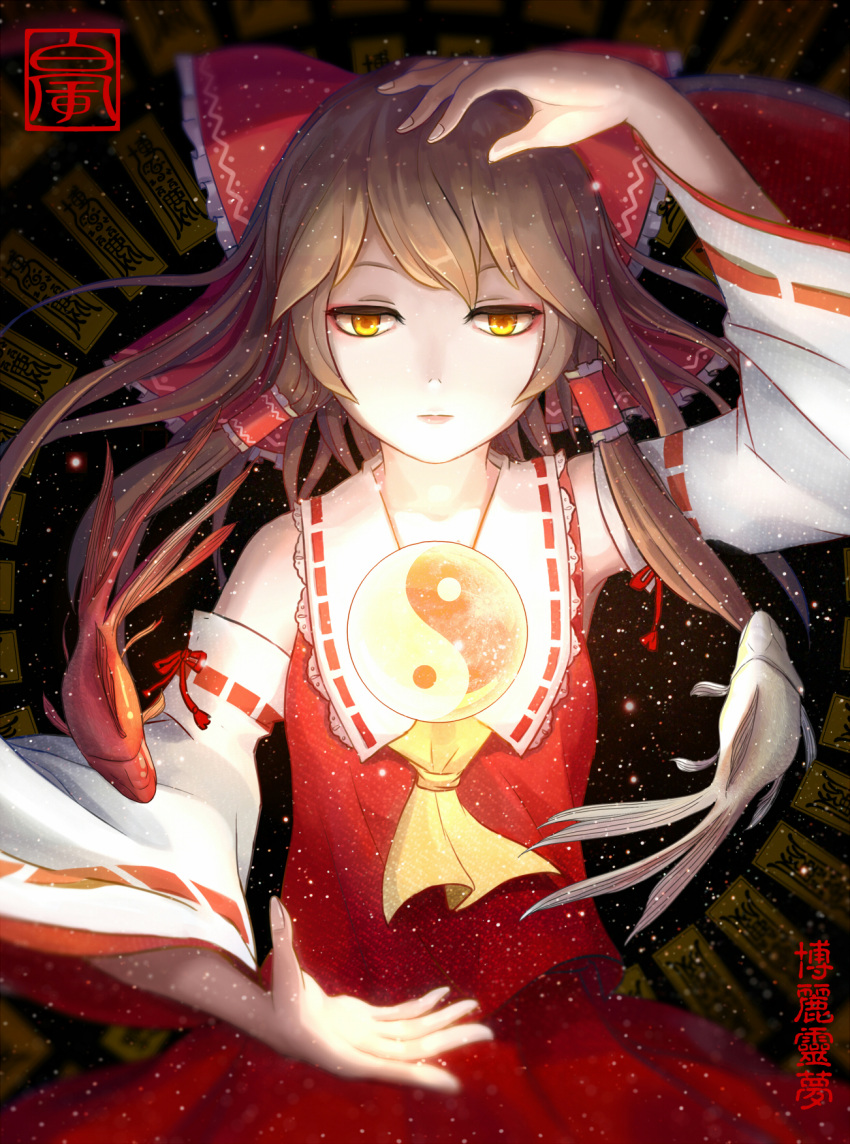 1girl, alternate_eye_color, aoiakamaou, arm_up, ascot, blurry, bow, brown_hair