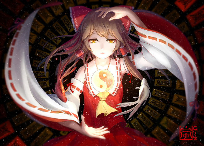 1girl, alternate_eye_color, aoiakamaou, arm_up, ascot, blurry, bow, brown_hair