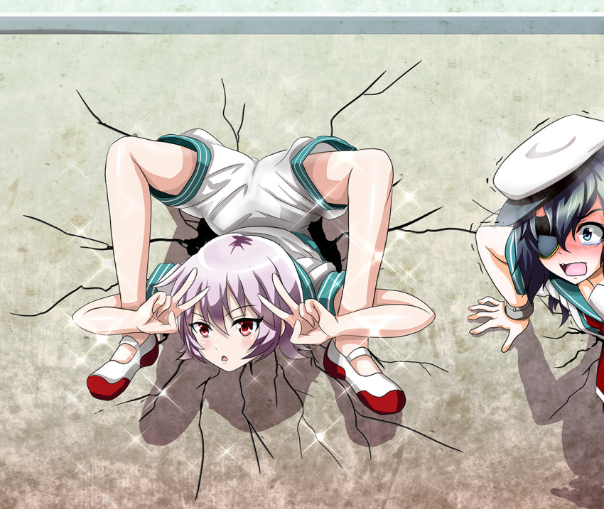 2girls, :<, :o, blue_hair, blush, chest_stand, crack, double_v