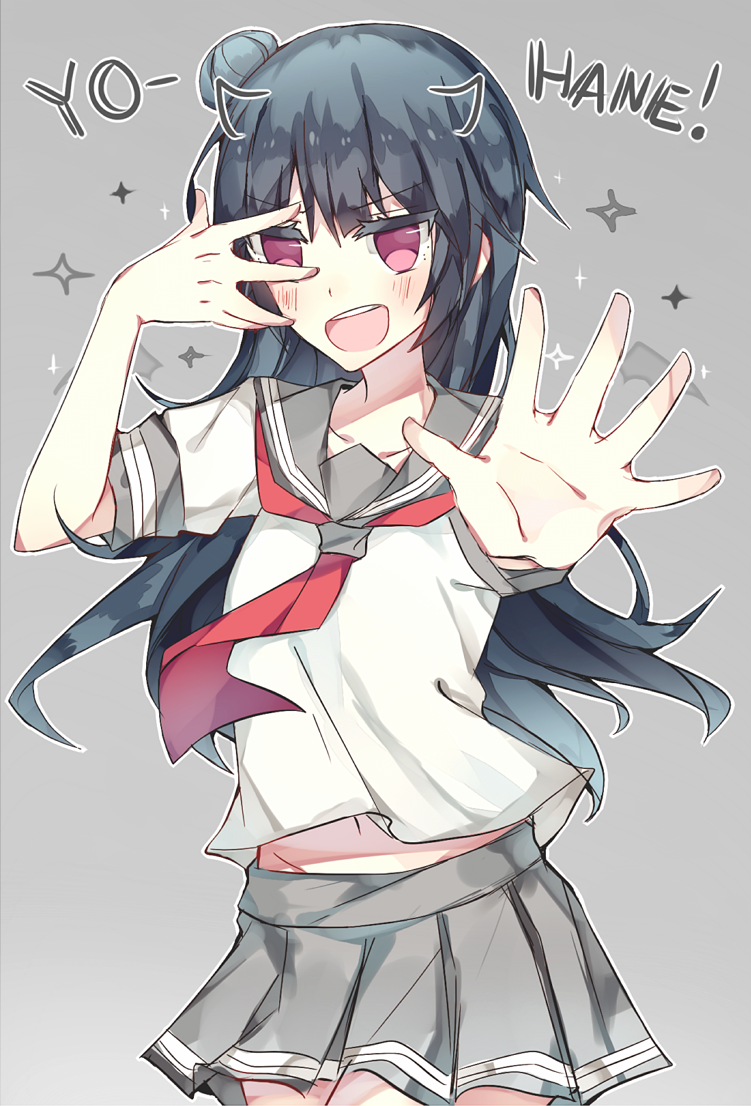 1girl, black_hair, blush, chuunibyou, grey_background, hair_bun, hand_gesture, hand_up