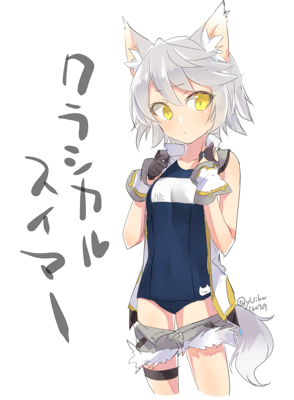 1girl, animal_ears, blush, cutoffs, dated, gloves, highres, kyuuri_(miyako)