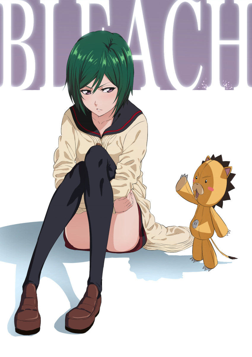 1girl, bleach, blush, convenient_leg, dress, green_hair, hair_between_eyes, highres