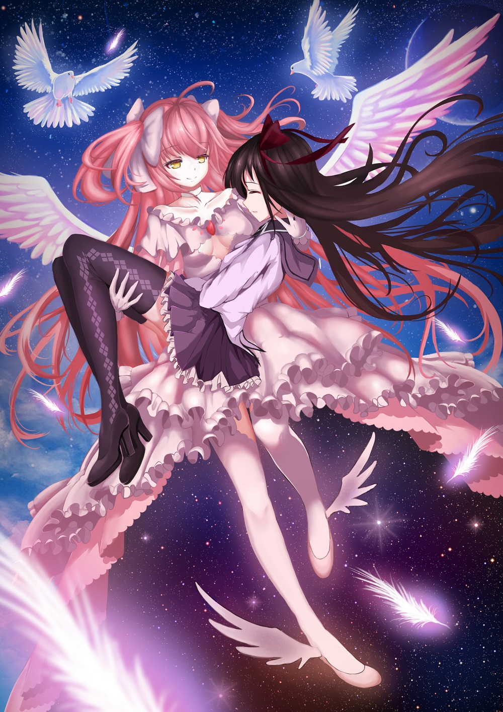2girls, akemi_homura, alternate_legwear, bird, black_hair, black_legwear, breasts, carrying