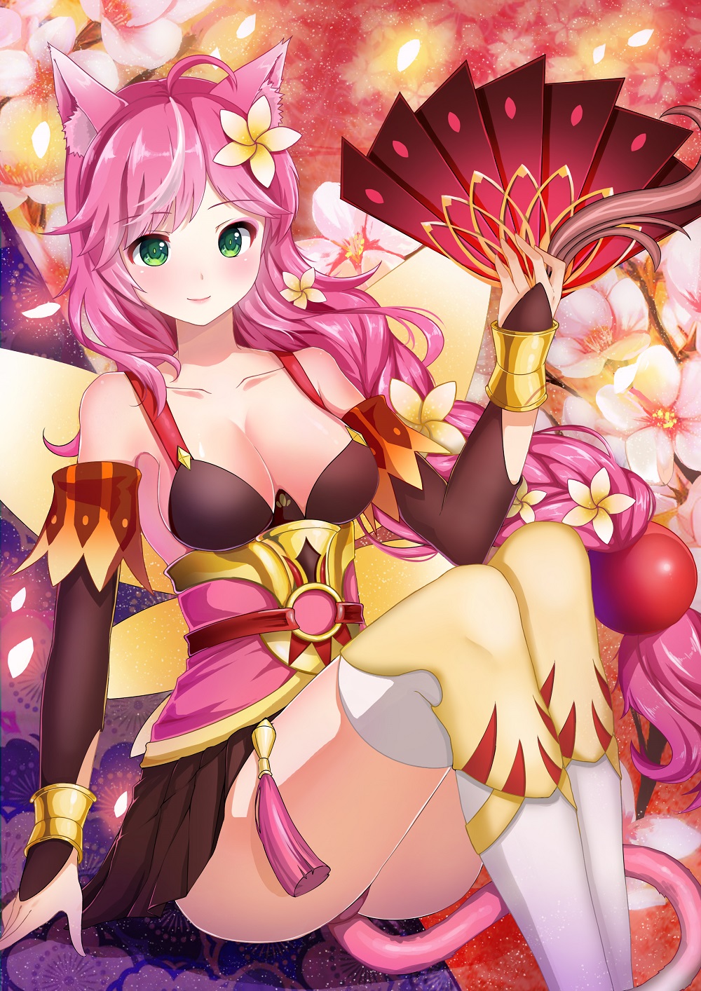 1girl, animal_ears, black_skirt, braid, breasts, cat_ears, cat_tail, cleavage