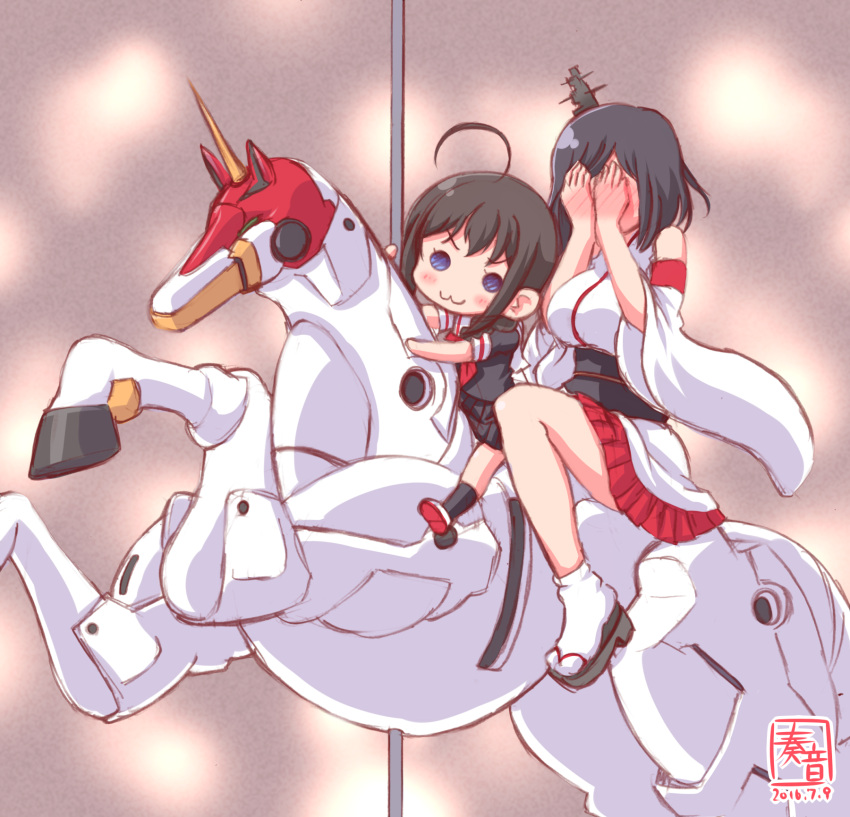2girls, :3, black_hair, black_serafuku, black_skirt, blush, breasts, carousel