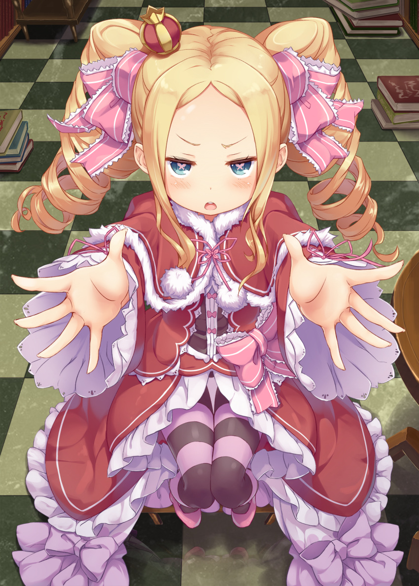 >:o, 1girl, :o, beatrice_(re:zero), blonde_hair, blush, book, bow