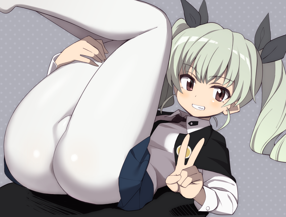 1girl, anchovy, ass, blush, brown_eyes, commentary_request, drill_hair, girls_und_panzer