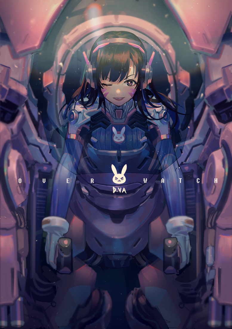 1girl, blurry, bodysuit, brown_eyes, brown_hair, character_name, copyright_name, d.va_(overwatch)