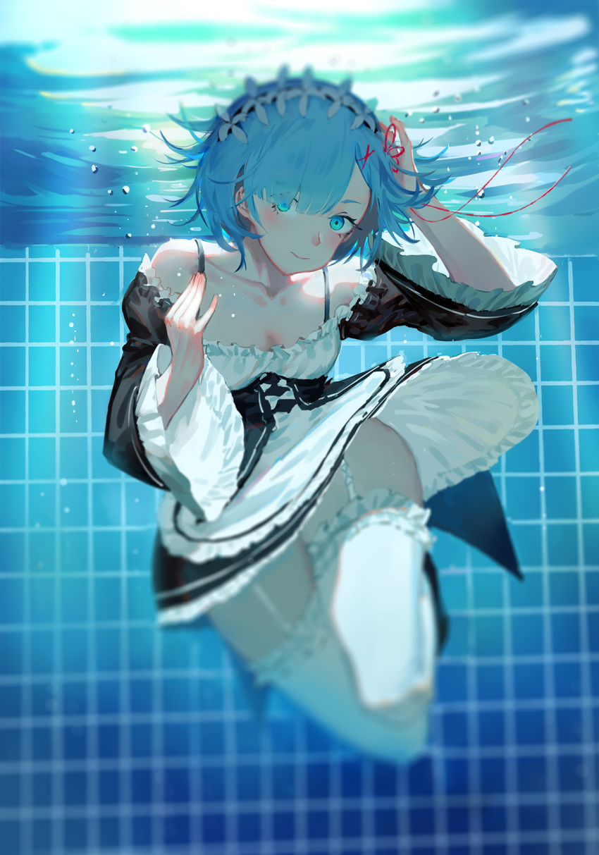 1girl, air_bubble, apron, bangs, black_dress, black_shoes, blue, blue_eyes