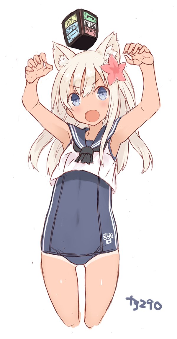 1girl, animal_ears, arms_up, ascot, bangs, blue_eyes, blush, cat_ears