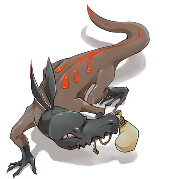 black_eyes, dlitw, ice_coke420, mouth_hold, no_humans, pokemon, pouch, purple_sclera, salandit, shadow, white_background