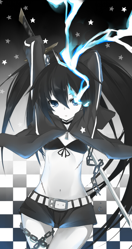 belt, bikini_top, black_hair, black_rock_shooter, black_rock_shooter_(character), blue_eyes, chain, chains