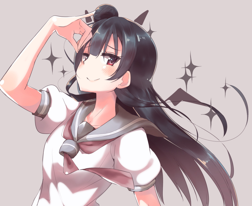 1girl, black_hair, blush, grey_background, hair_bun, highres, long_hair, looking_at_viewer