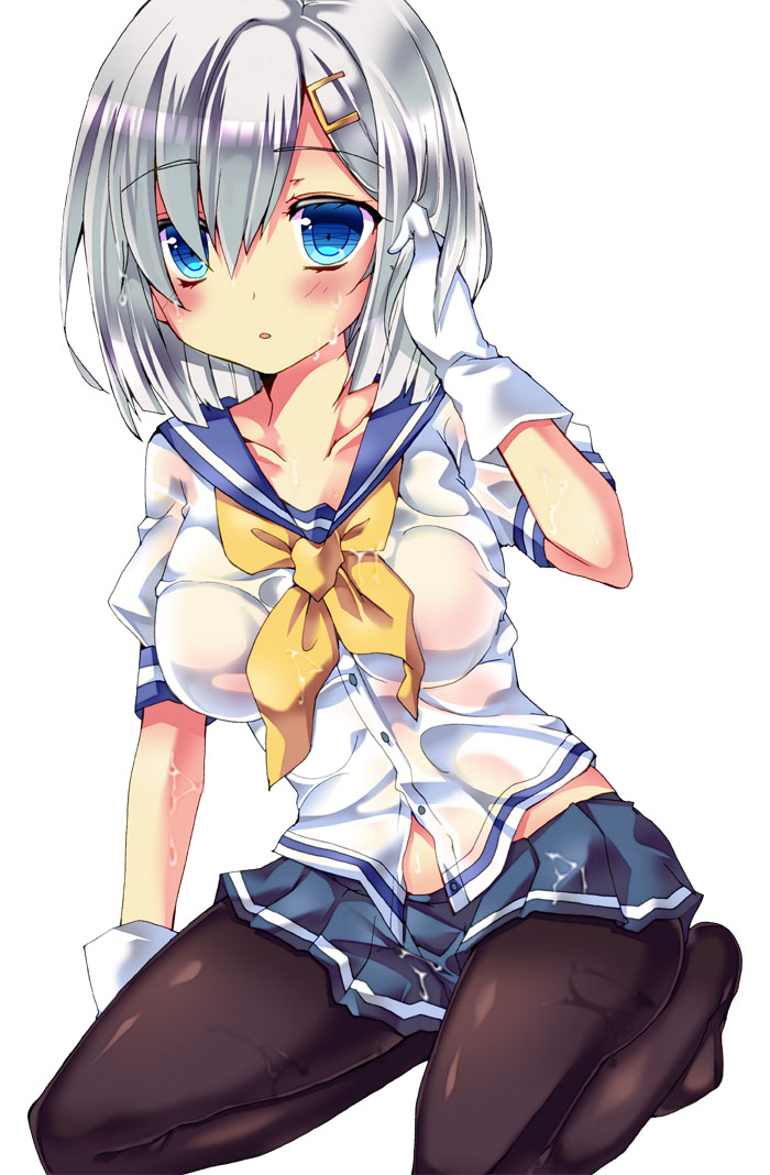 1girl, black_legwear, blue_eyes, blush, breasts, gloves, hair_ornament, hairclip