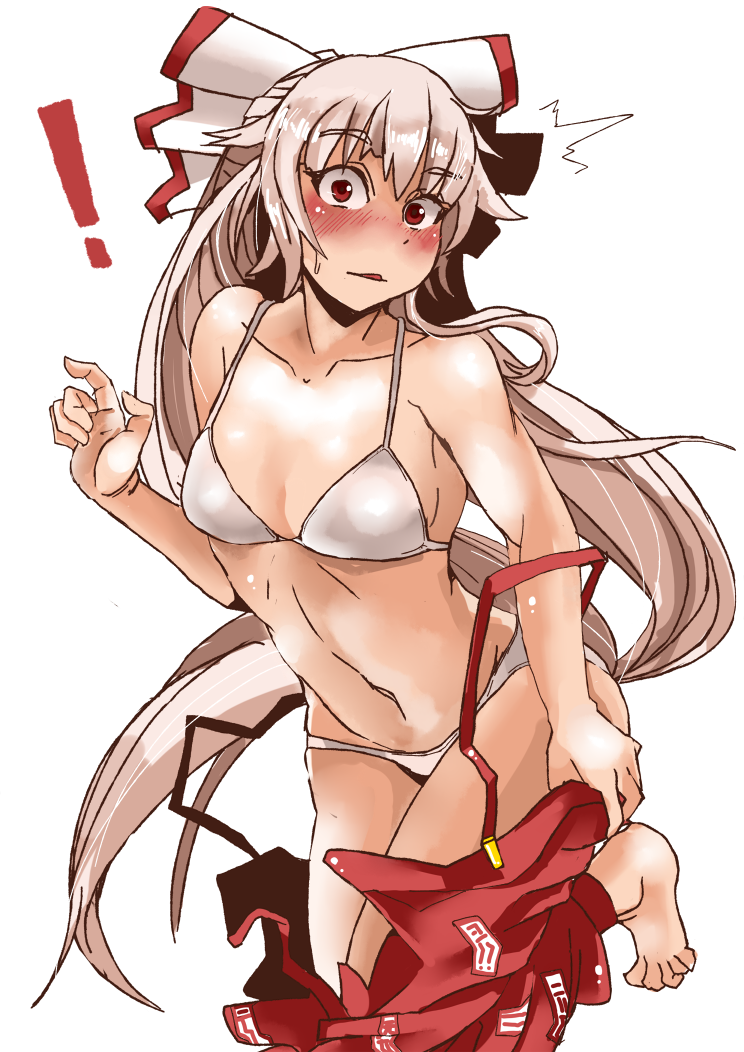 !, /\/\/\, 1girl, barefoot, blush, bra, fujiwara_no_mokou, hair_ribbon, heiseikorotaisei, long_hair, looking_at_viewer, navel, overalls, panties, red_eyes, ribbon, silver_hair, solo, sweatdrop, touhou, underwear, undressing, white_bra, white_panties