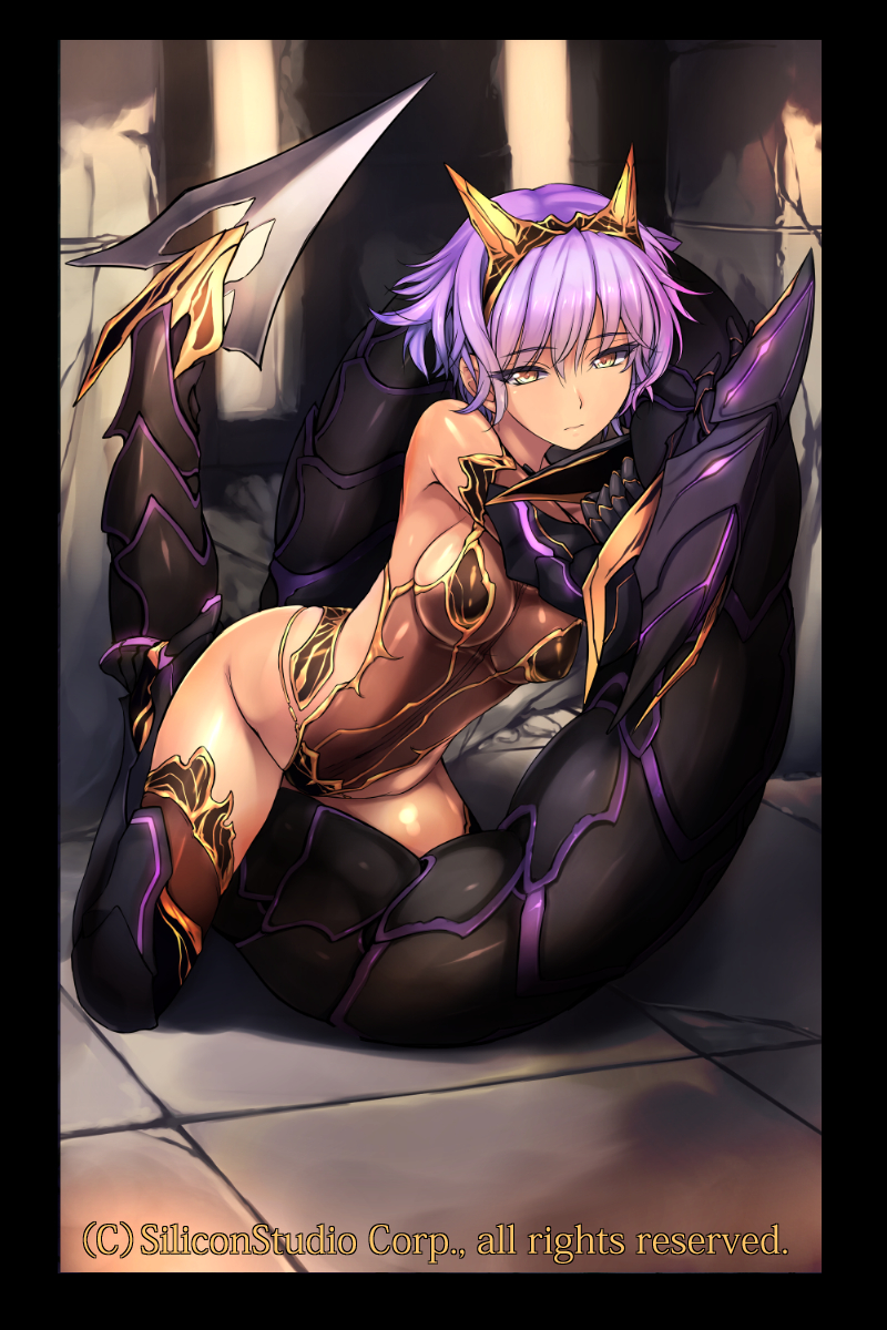 1girl, amei_sumeru, armor, bangs, bare_shoulders, between_legs, black_boots, black_border