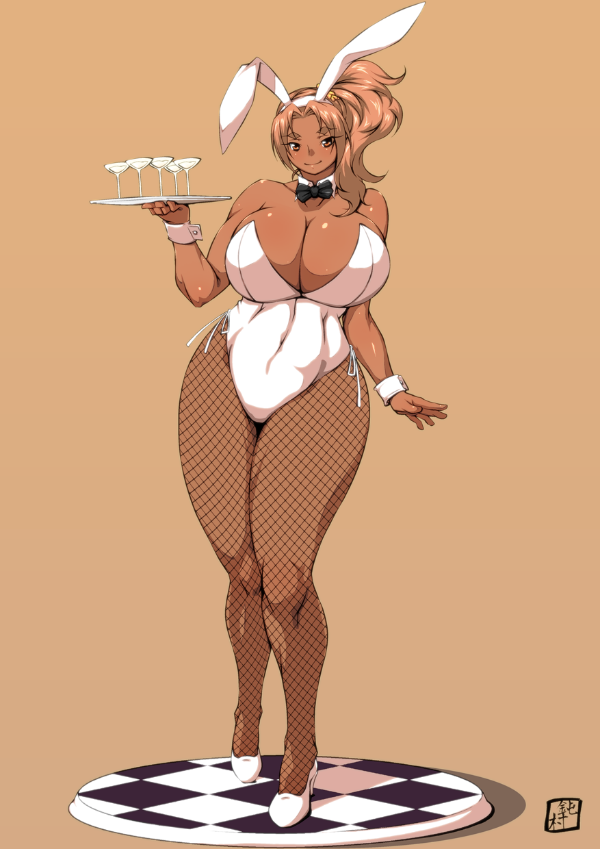 1girl, bare_shoulders, blonde_hair, breasts, brown_hair, bunny_girl, bunnysuit, cleavage
