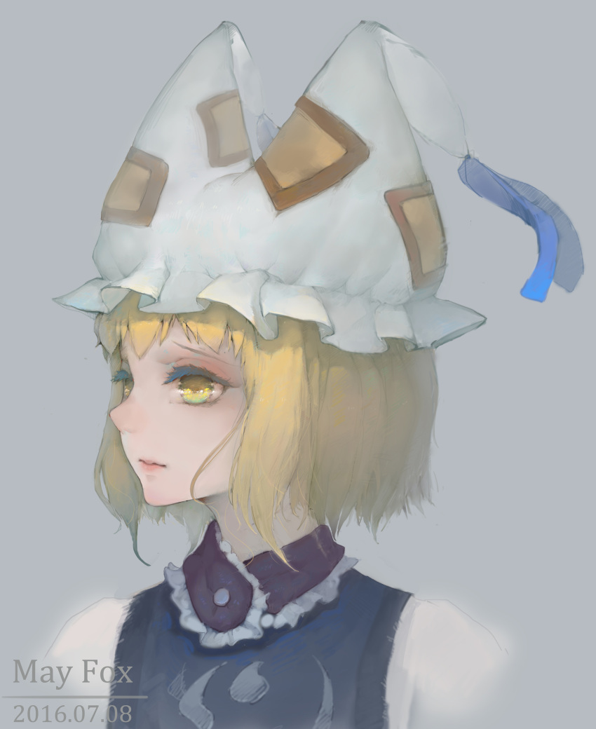 1girl, absurdres, animal_ears, blonde_hair, dated, face, fox_ears, grey_background