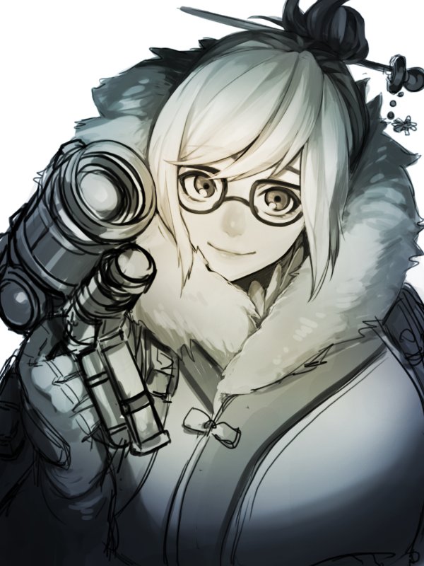 1girl, bangs, beads, black-framed_eyewear, byakuya0315, coat, eyebrows, eyebrows_visible_through_hair, fur-lined_jacket, fur_coat, fur_trim, glasses, gun, hair_bun, hair_ornament, hair_stick, handgun, holding, holding_gun, holding_weapon, hose, looking_at_viewer, mei_(overwatch), monochrome, overwatch, parka, short_hair, sidelocks, simple_background, smile, snowflake_background, snowflake_hair_ornament, solo, swept_bangs, upper_body, weapon, white_background, winter_clothes, winter_coat