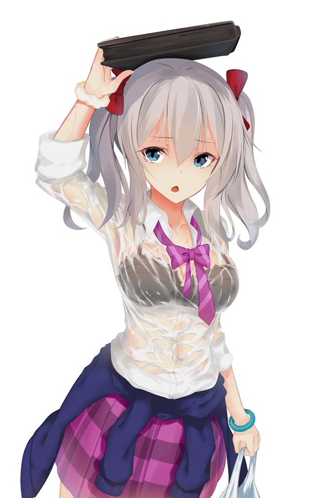 1girl, alternate_costume, bag, black_bra, blue_eyes, blush, bra, breasts