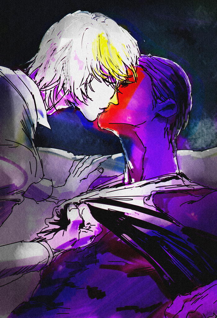 2boys, abs, closed_eyes, collared_shirt, hunter_x_hunter, kiss, looking_at_another, male_focus