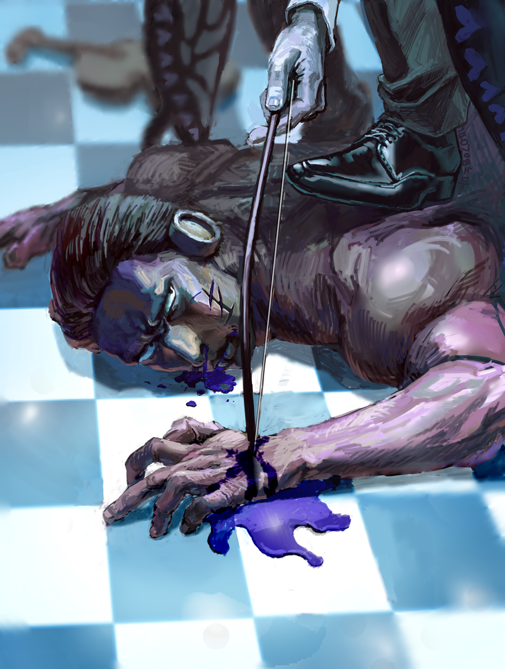2boys, black_hair, blood, butterfly_wings, checkered, checkered_floor, hunter_x_hunter, loafers