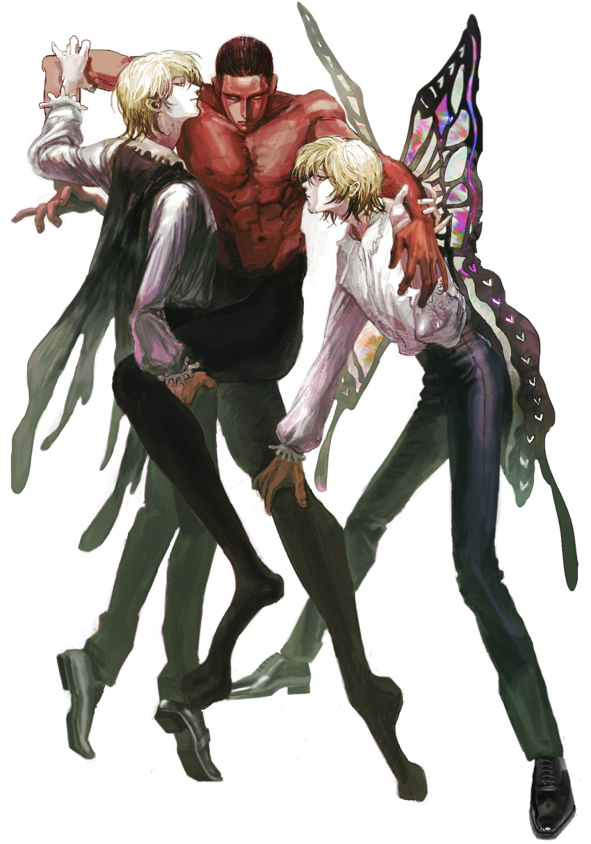 3boys, arm_grab, black_hair, blonde_hair, butterfly, butterfly_wings, closed_mouth, collared_shirt