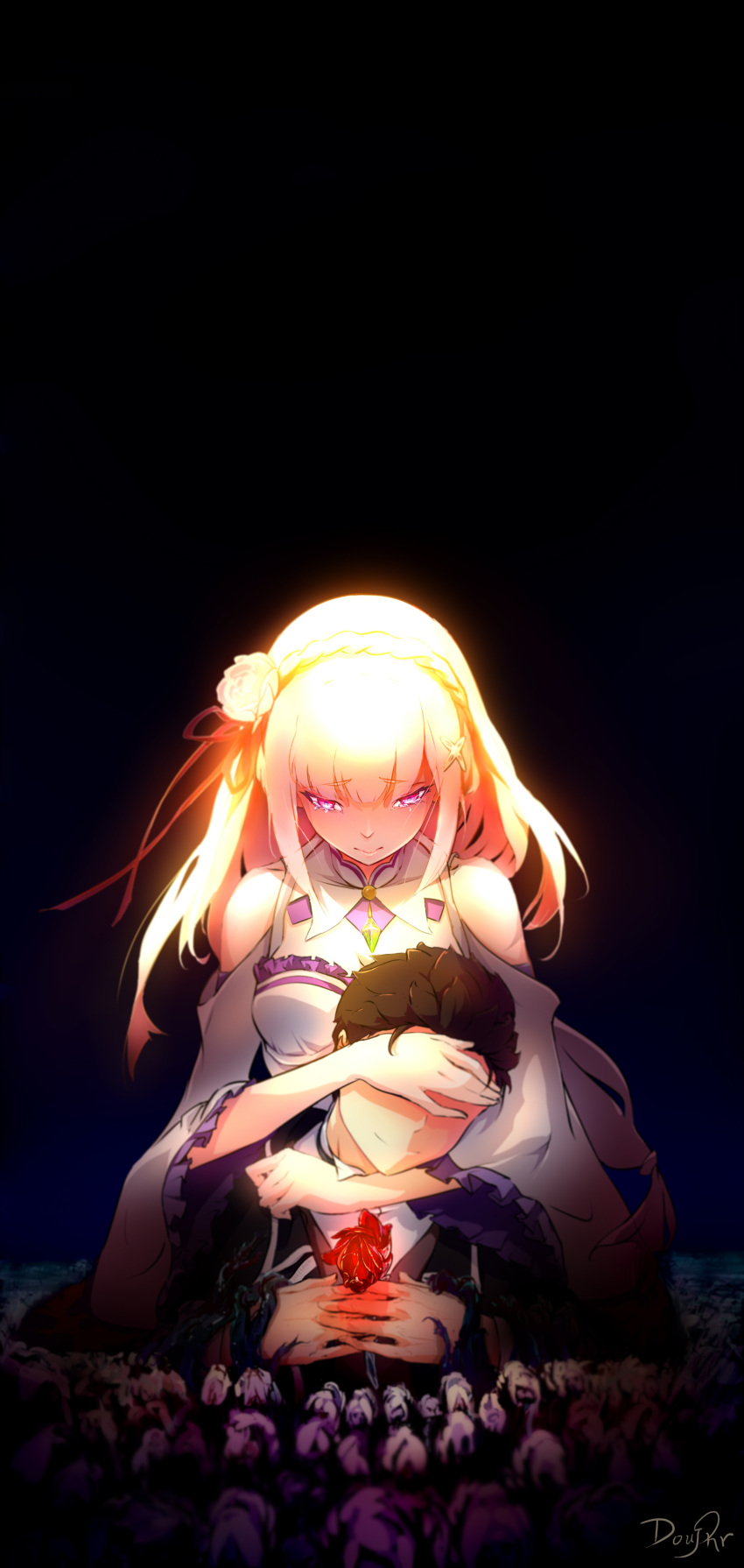 1boy, 1girl, absurdres, arm_around_neck, artist_name, bangs, black_background, black_hair