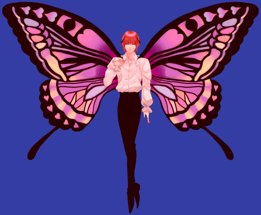 1boy, antennae, blue_background, brown_eyes, butterfly_wings, closed_mouth, collarbone, collared_shirt, frills, full_body, half-closed_eyes, hand_on_own_chest, heart, hunter_x_hunter, k_(kktkk), male_focus, orange_hair, shaiapouf, simple_background, smile, solo, wings
