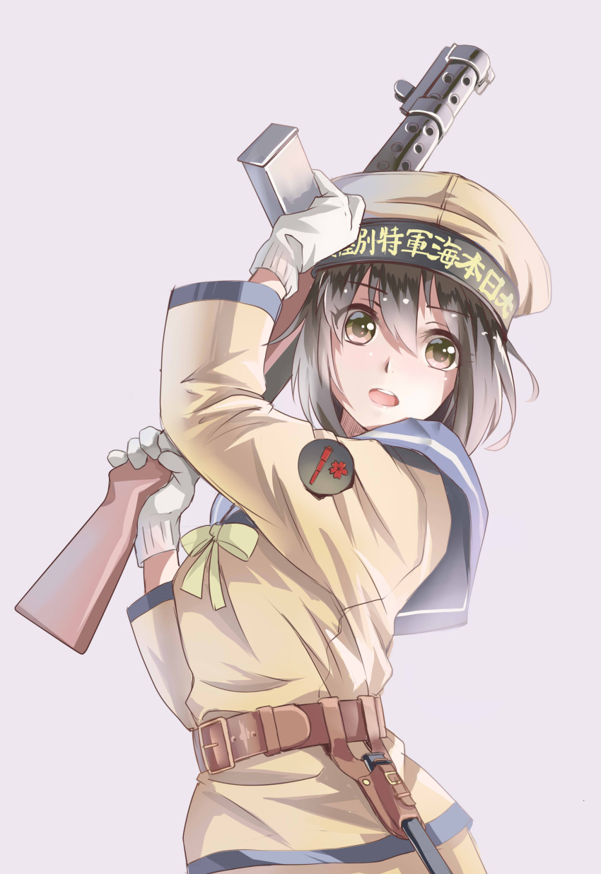 1girl, absurdres, assault_rifle, belt, black_hair, brown_eyes, buckle, eyebrows