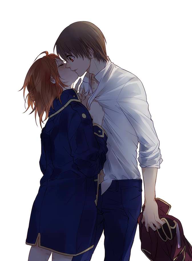 1boy, 1girl, ahoge, alternate_costume, alternate_hairstyle, arm_at_side, bangs, blue_jacket