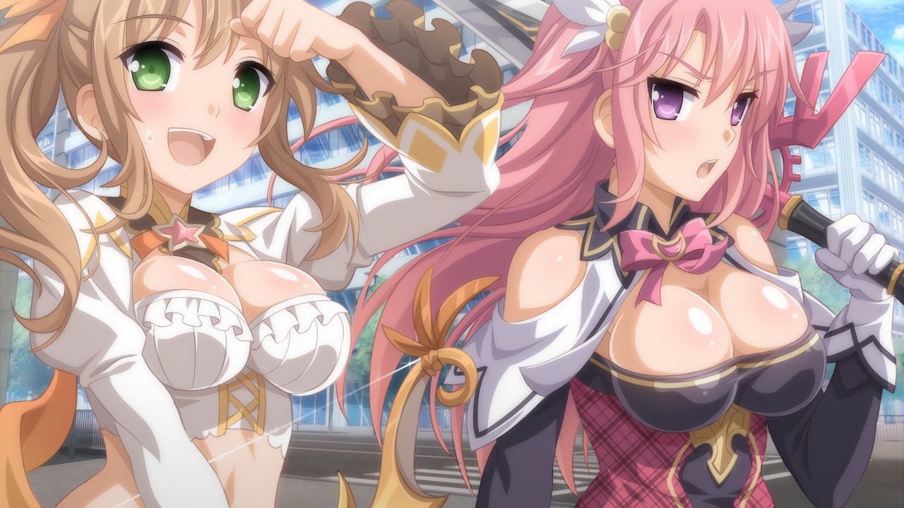 blonde_hair, green_eyes, hikari_(sakura_angels), pink_hair, sakura_angels, sayaka_(sakura_angels), sword, violet_eyes