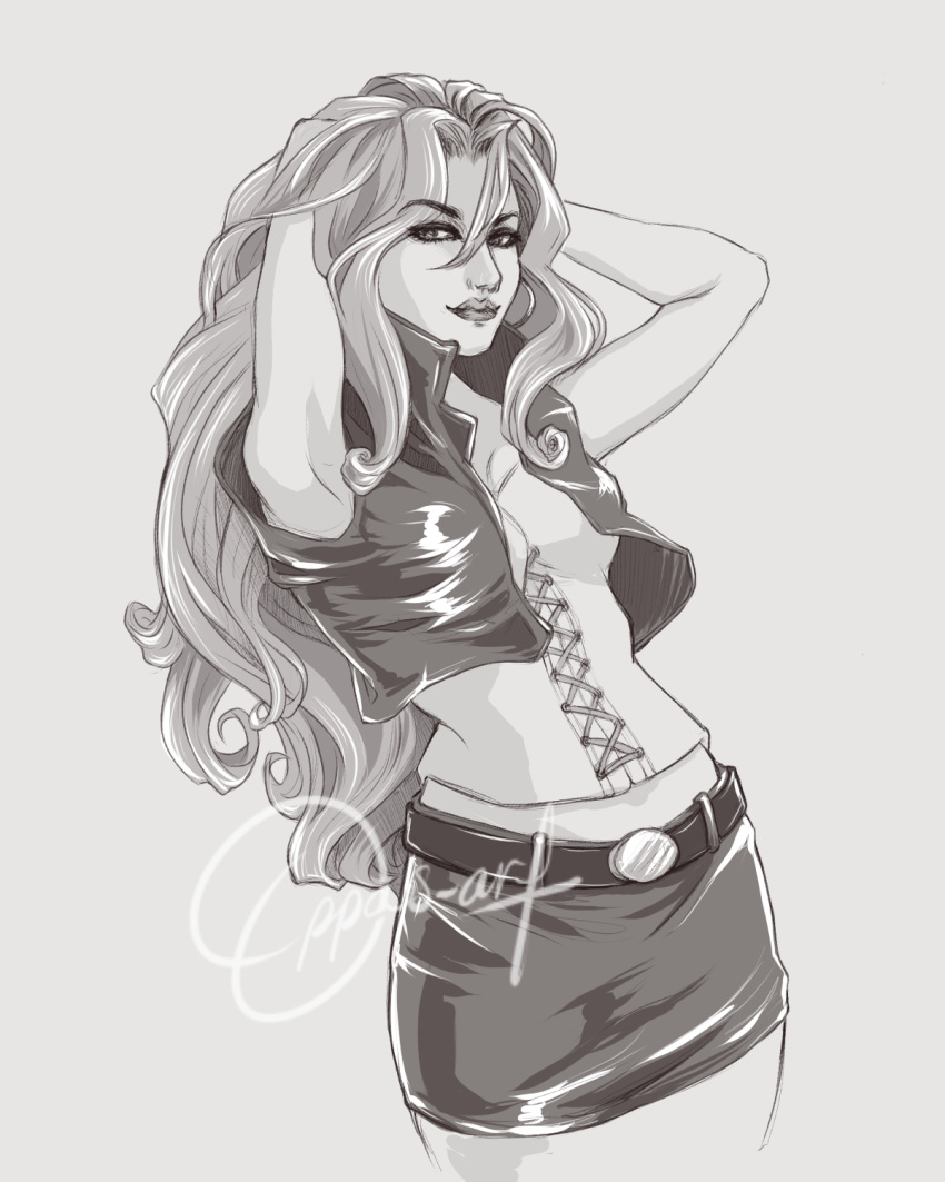 1girl, arms_up, bad-oppa, bustier, cropped_jacket, earrings, eyeliner, hands_in_hair, highres, hoop_earrings, jewelry, kujaku_mai, long_hair, makeup, miniskirt, monochrome, signature, skirt, smile, solo, vest, wavy_hair, yu-gi-oh!