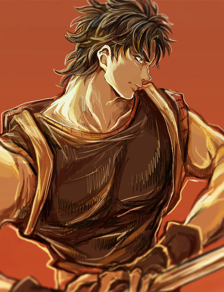 1boy, backpack, bag, black_hair, blurry, collarbone, depth_of_field, fighting_stance, fingerless_gloves, food, fruit, gloves, holding, holding_sword, holding_weapon, jojo_no_kimyou_na_bouken, jonathan_joestar, male_focus, mizudama, muscle, orange, orange_background, profile, solo, sword, upper_body, weapon