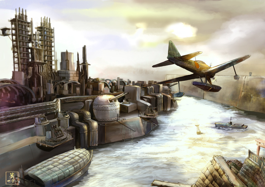 aa_gun, aircraft, airplane, cannon, clouds, commentary, dock, factory, flying, fortress, harbor, highres, kantai_collection, kobaman_annwn, nakajima_a6m2-n, no_humans, ocean, scenery, seaplane, ship, signature, sky, sunrise, torii, turret, wall, water, watercraft