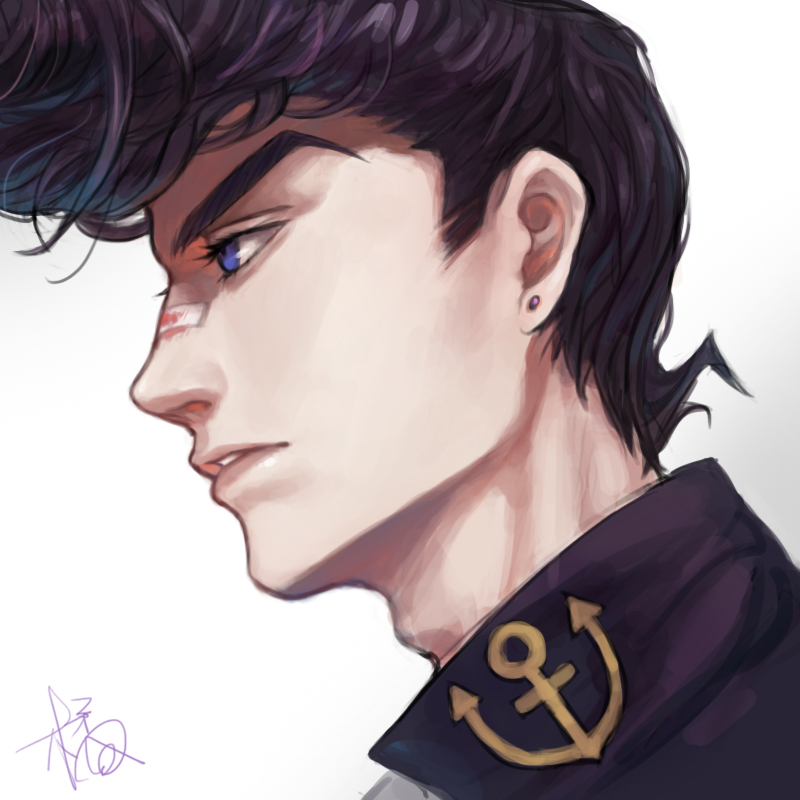 1boy, adam's_apple, anchor_symbol, bandaid, bandaid_on_nose, blood, blue_eyes, earrings