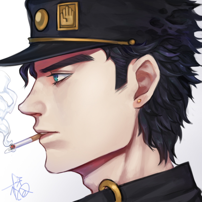 1boy, adam's_apple, aqua_eyes, black_hair, cigarette, earrings, face, fan_ju