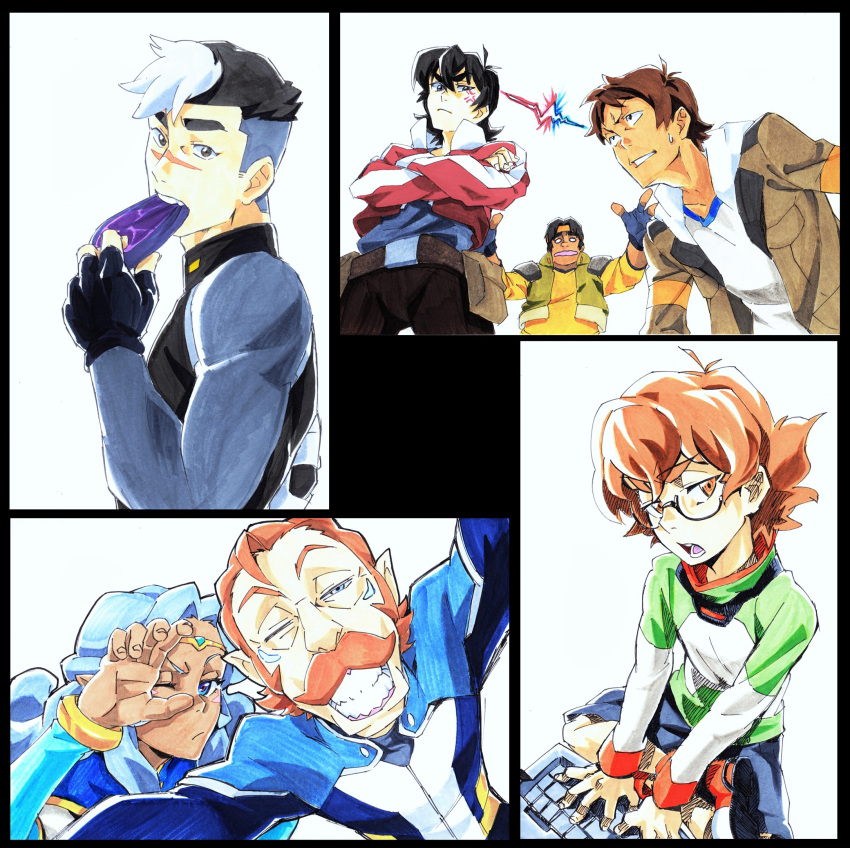 2girls, 5boys, coran_(voltron), crossdressinging, eating, eye_contact, facial_hair, glasses