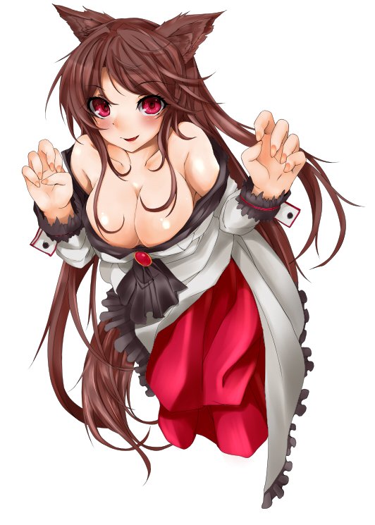 1girl, animal_ears, bare_shoulders, blush, breasts, brooch, brown_hair, cleavage