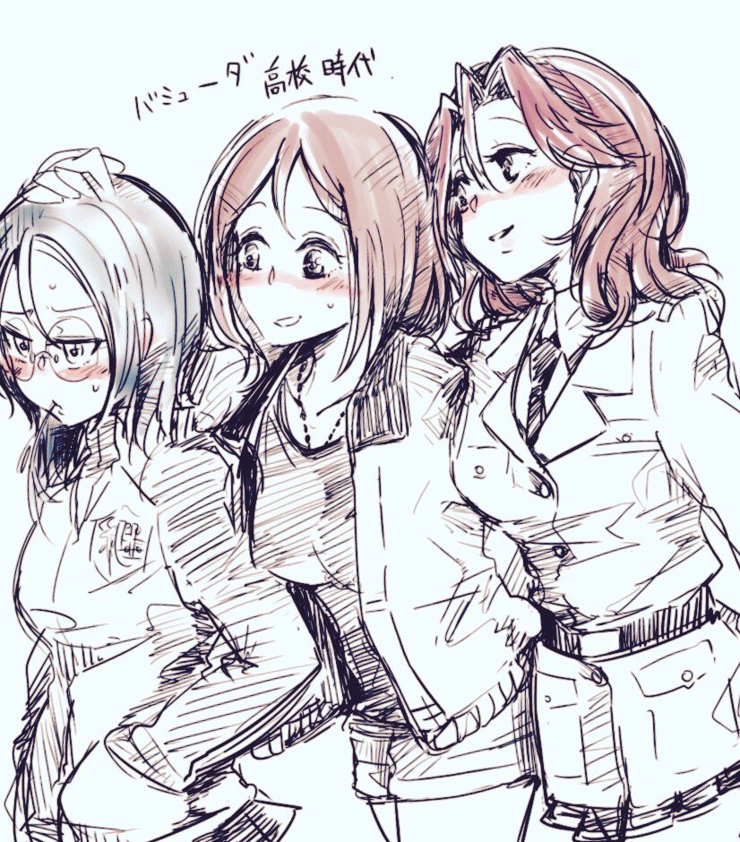 3girls, azumi_(girls_und_panzer), blush, breasts, brown_hair, girls_und_panzer, glasses, hand_on_another's_head