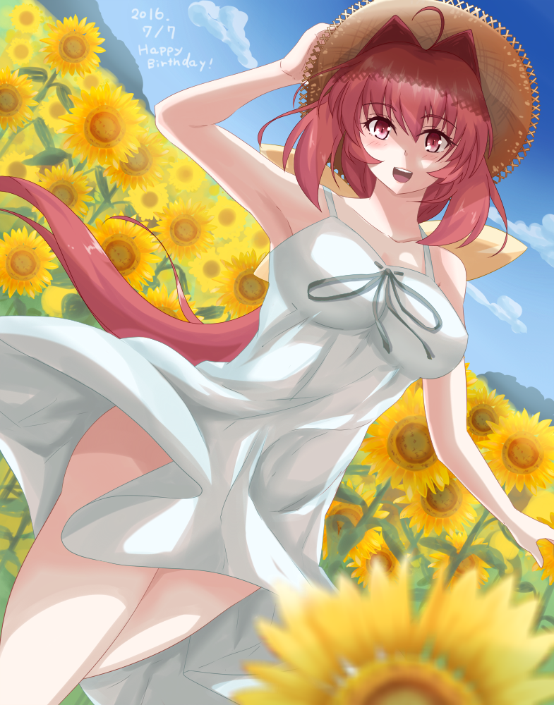 1girl, ahoge, bare_shoulders, birthday, blush, bow, breasts, clouds, cureecoolan, dated, dress, dutch_angle, flower, hair_bow, hair_intakes, hand_on_headwear, happy_birthday, hat, kagami_sumika, long_hair, low_ponytail, muvluv, open_mouth, ponytail, red_eyes, redhead, sky, sleeveless, sleeveless_dress, smile, solo, straw_hat, sun_hat, sundress, sunflower, very_long_hair, white_dress, wind, wind_lift