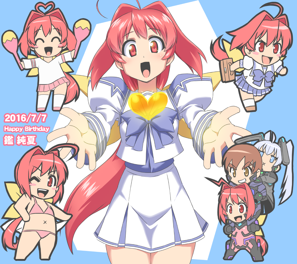 1boy, 2girls, ahoge, bag, bikini, birthday, blue_eyes, blue_hair