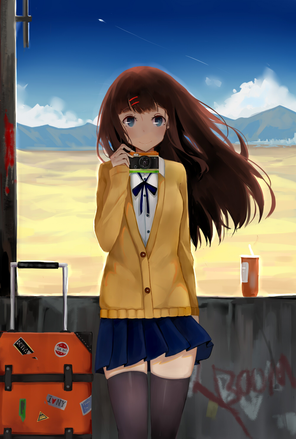 1girl, black_hair, black_legwear, blue_eyes, blue_skirt, cardigan, clouds, day