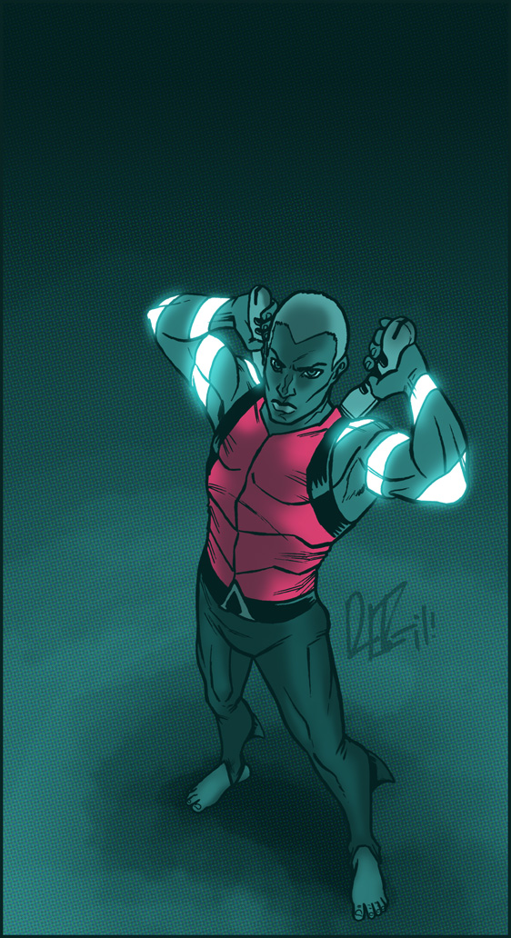 1boy, aqua_lad, artist_request, barefoot, belt, dark_skin, dc_comics, dual_wielding