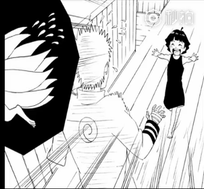 1boy, 1girl, father_and_daughter, happy_face, kurama, kyuubi_(naruto), monochrome, naruto, running, uzumaki_himawari, uzumaki_naruto