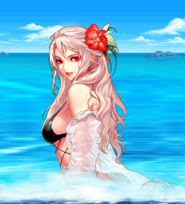 artist_request, bikini, clouds, dungeon_and_fighter, female_slayer_(dungeon_and_fighter), flower, ocean, red_eyes