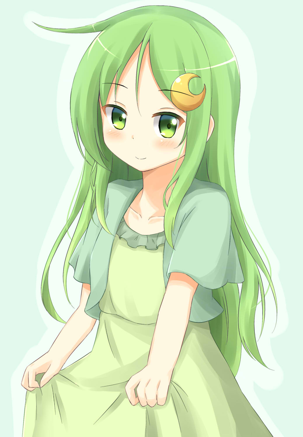 1girl, alternate_costume, blouse, blush, crescent, crescent_hair_ornament, dress, eyebrows